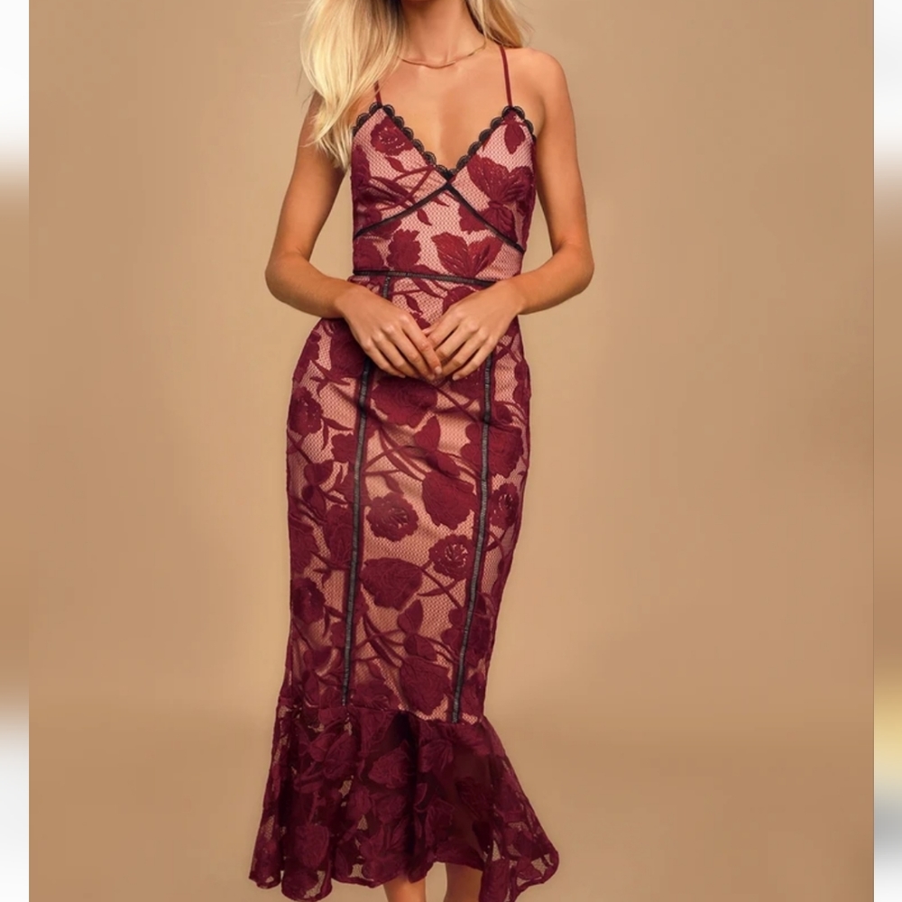 Alluring Dream Burgundy Floral Mesh Lace Trumpet Midi Dress